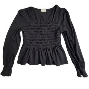 Black Smocked Peplum Top Long Sleeve Square Neck Women's Size Large Milk Maid